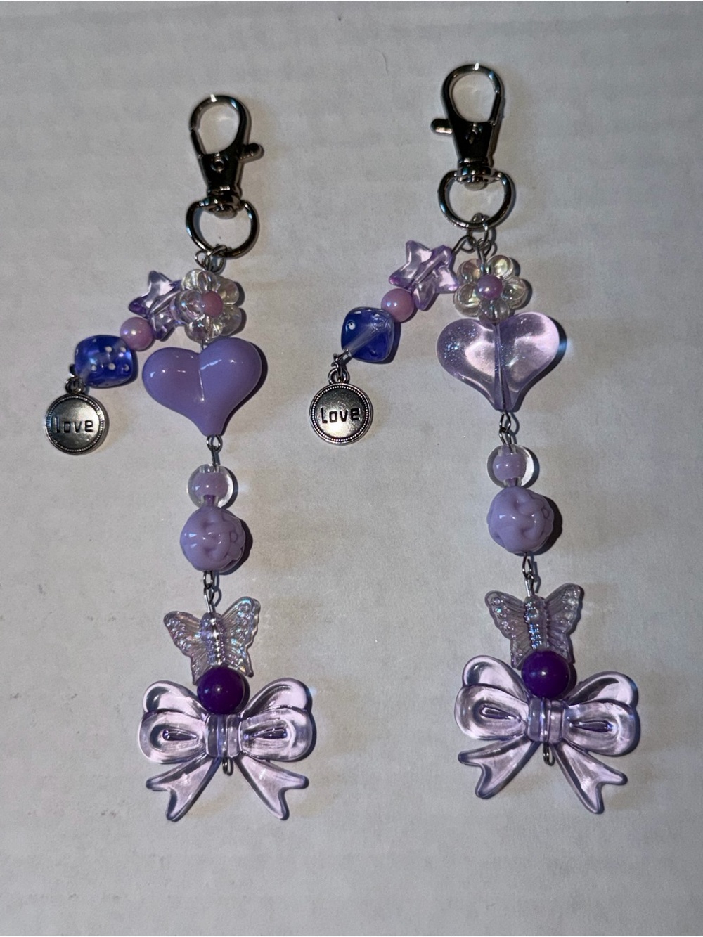 Handmade Lavender Heart & Bow Keychain Charm with LOVE charm -MATCHING SET
